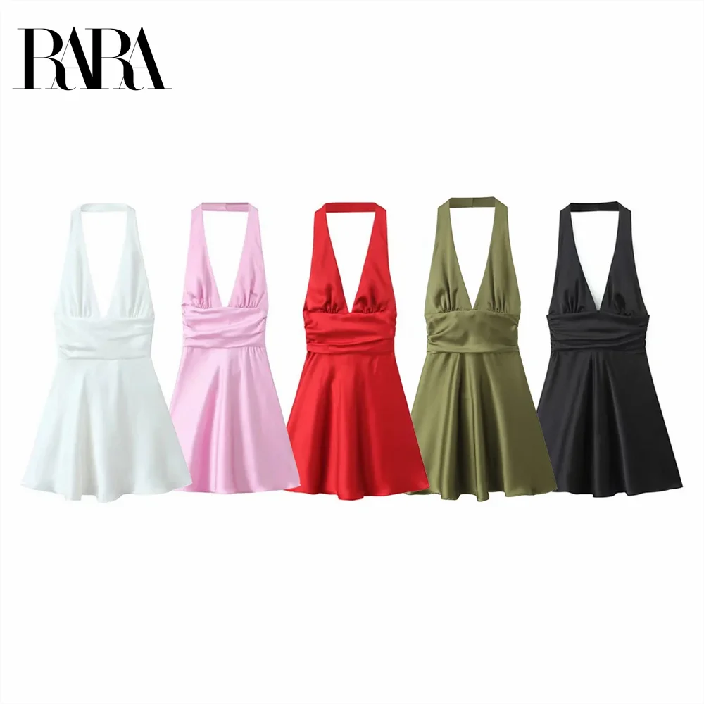 

2025 RARA Women's Halter - neck Satin Mini Dresses in White Pink Red Olive and Black for a Charming Look