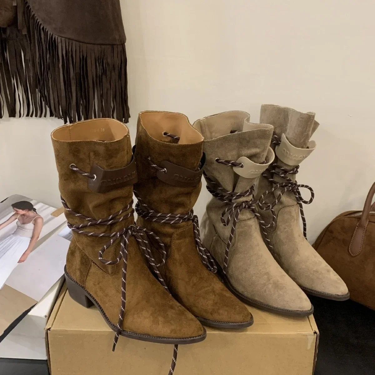 White women's retro fringed pointed head thick heel medium tube western cowboy short boots summer huge good-looking boots