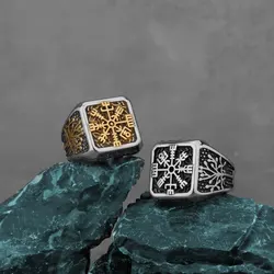 Vintage Viking Helm of Awe and Tree of Life Ring Men's Rune Statement Nordic Vikings Totem Biker Ring Stainless Steel Jewelry