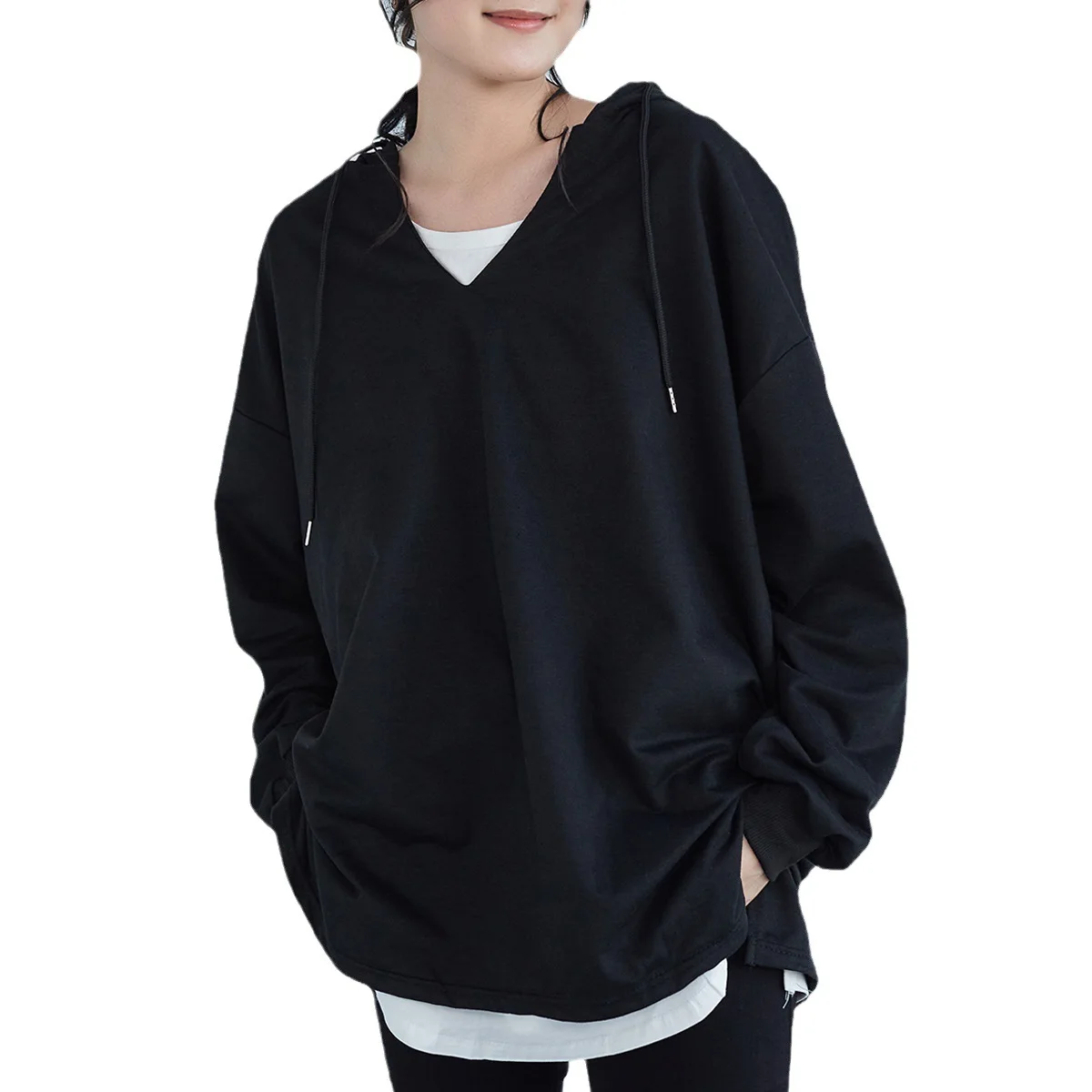 Women's College Style Loose Fit Overhead Shirt Casual Student Hoodies Long Sleeve T-shirt Autumn  Fashion Irregular V Neck Top
