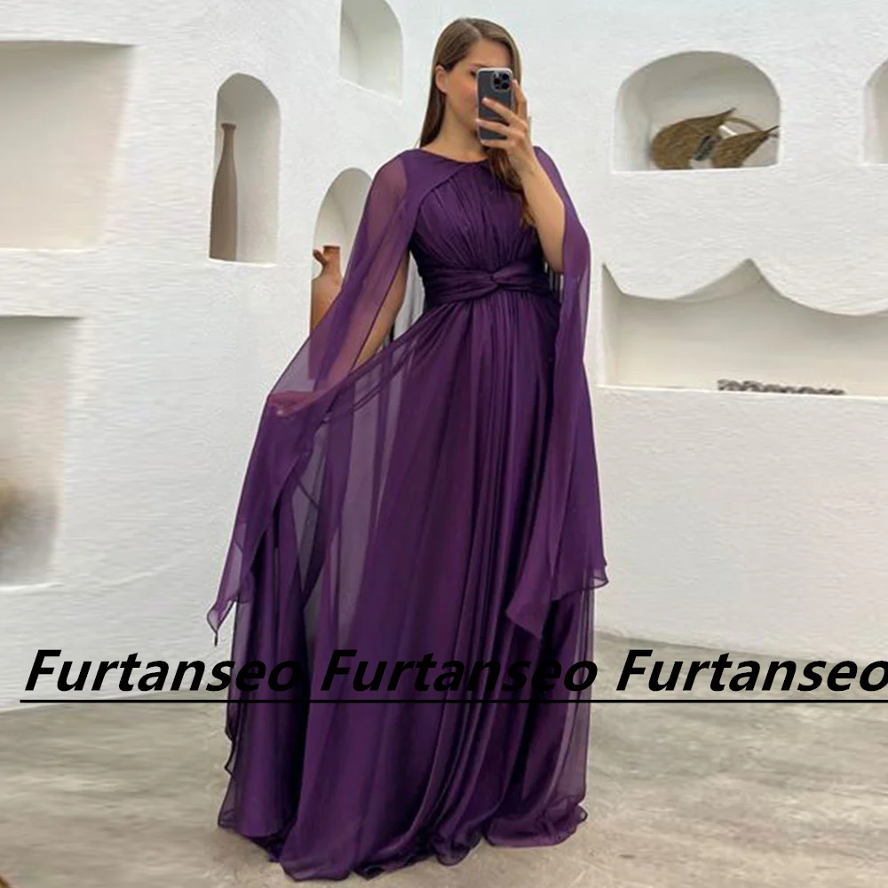 Vestido de noche de gasa Simple Para Mujer, cuello redondo, chal árabe plisado, tren de cepillo de Dubai saudita, línea A, cremallera trasera, Vestidos Para Mujer, Gala