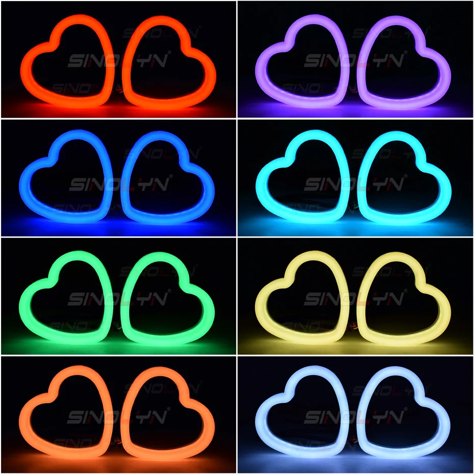 Heart-Shaped LED RGB Angel Eyes Turn Signal Lights Dynamic Sequential Flowing Bluetooth Remote Control Halo Ring For Headlights