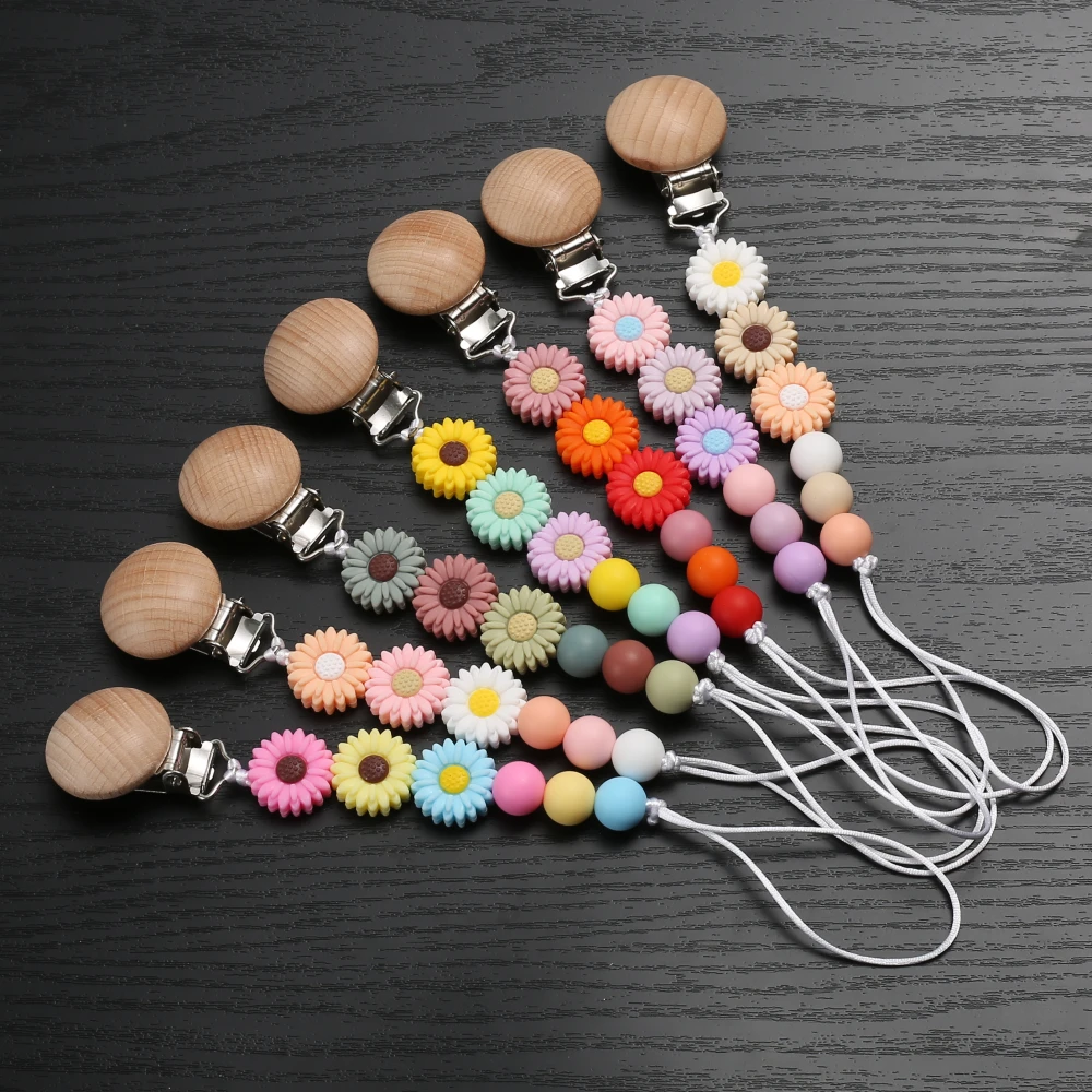 Cartoon Flower Silicone Beaded Baby Pacifier Chain Beech Wood Soothing Dummy Buckle Clips For Baby Supplies Care Toy Shower Gift