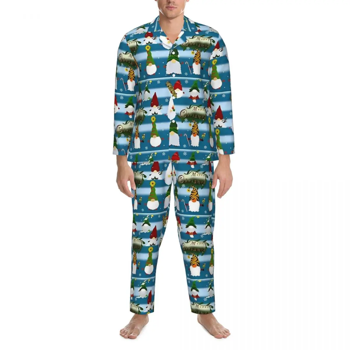 Pyjama Man Vrolijk Kerstfeest Kerstman Leuke Gnome Dagelijkse Nachtkleding 2-delige Casual Pyjama Set Lange Mouw Zacht Oversize Thuispak