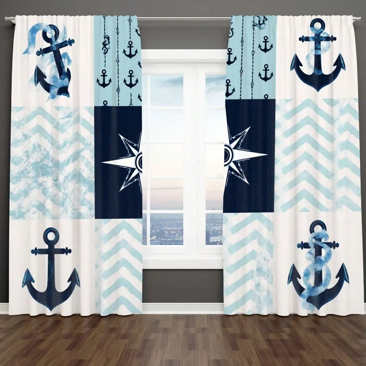Nautical Curtain, Anchor and Compass Print Blackout Curtains, Coastal Marine Theme Drapes, Blue Ocean Decor, 2 Panels