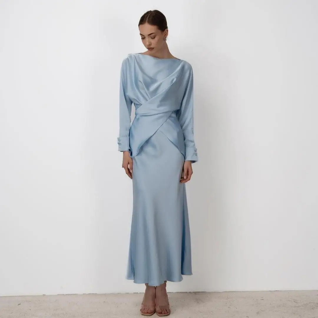 

Ele атласный длинный топ с поясом и юбкой, комплект из двух предметов, Новое поступление, женский модный повседневный зимний наряд