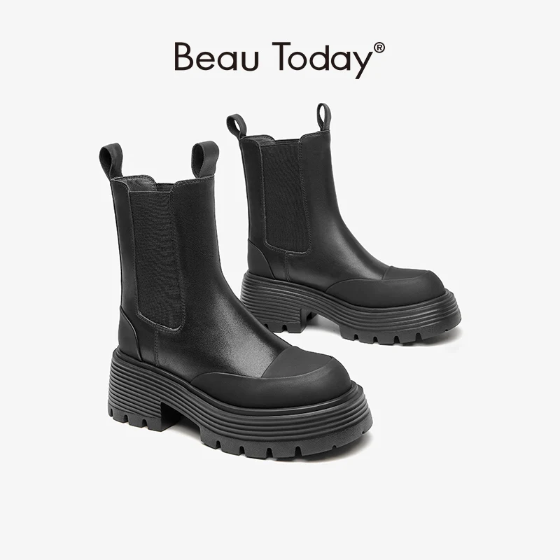 

BeauToday Platform Boots Women Genuine Round Toe Cow Leather Elastic Band Slip-On Spring LadiesThick Sole Shoes Handmade C03A24