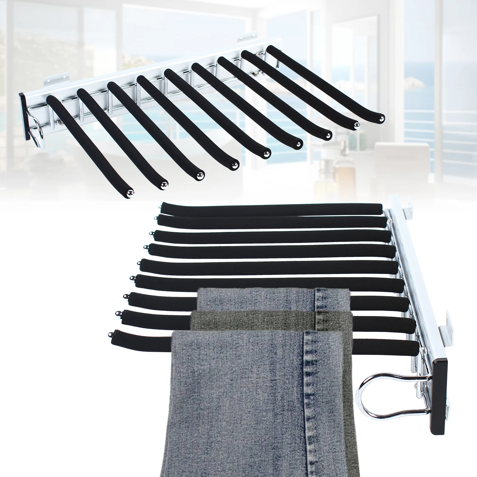 Pull Out Wardrobe Trouser Rack, 9 Scarf Holder Hanger Rail, Extendable Trousers Hanger, Suitable for Wardrobe Depth 48 cm
