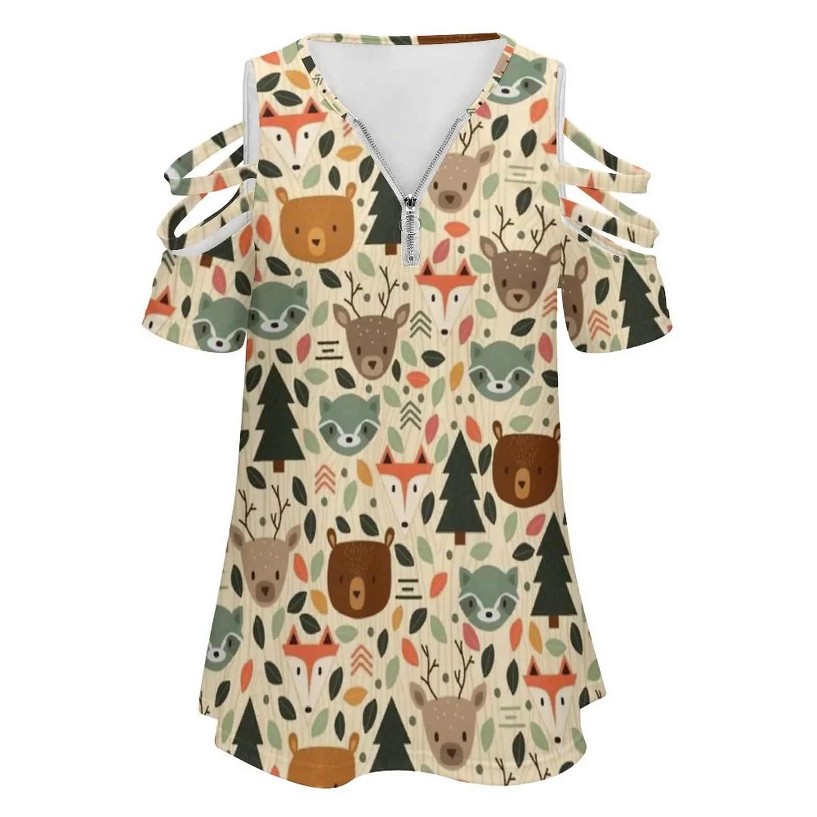 Woodland Creatures Women'S T-Shirt Summer Fashion Print Floral V-Neck Zipper Tshirt Hollow Pullover Ladies Top Woodland