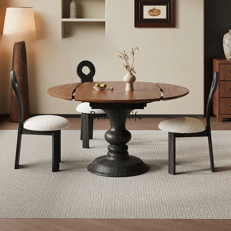 

yj19 Vintage Style Solid Wood Dining Table French Retro Style Home Small Apartment Extendable Folding Round Square