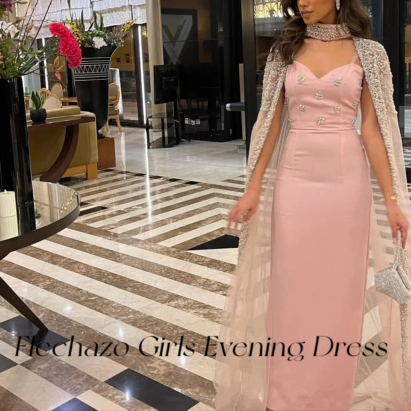 Flechazo Pink Luxury Prom Dresses Sweetheart Handmade Beads Cape Formal Party Elegant Dress For Women 2024 vestidos de noche