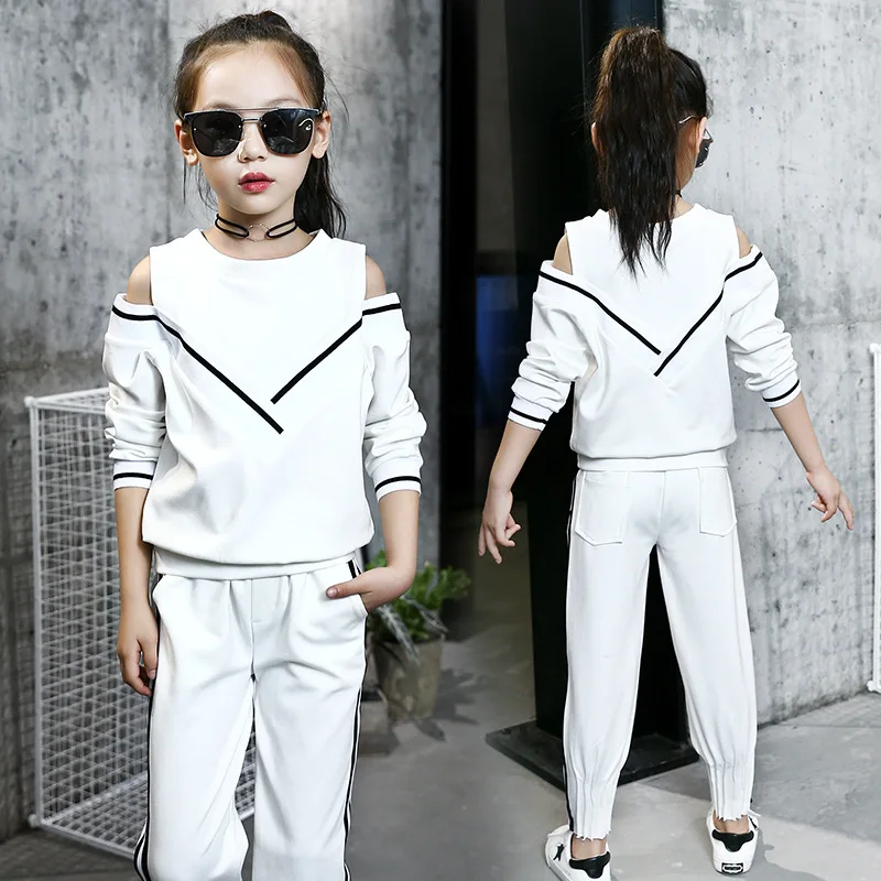

2025 Korean Spring Autumn Children Girl 2PCS Clothes Set Off Shoulder Knitted Elementary Girl Tops Sweatpants Junior Girl Suit