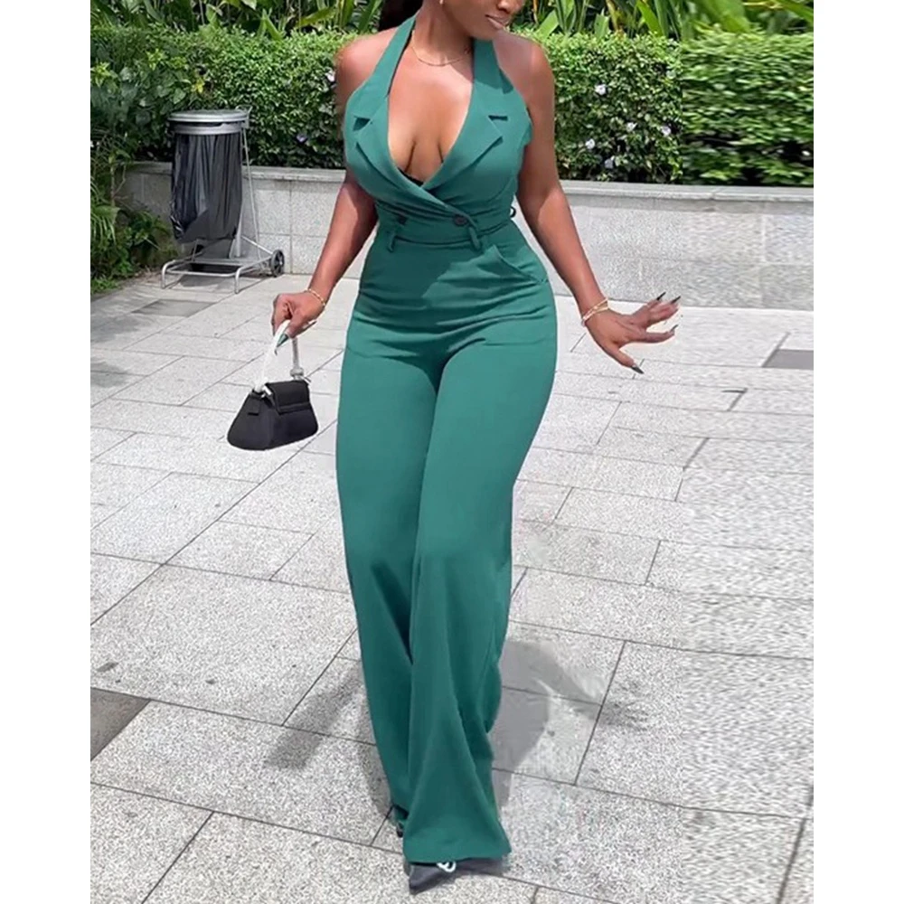 Women Elegant Sleeveless Halter Backless Deep V-Neck Green Jumpsuits Lady Summer Wide Leg Work One-Piece Jumpsuit Streetwear