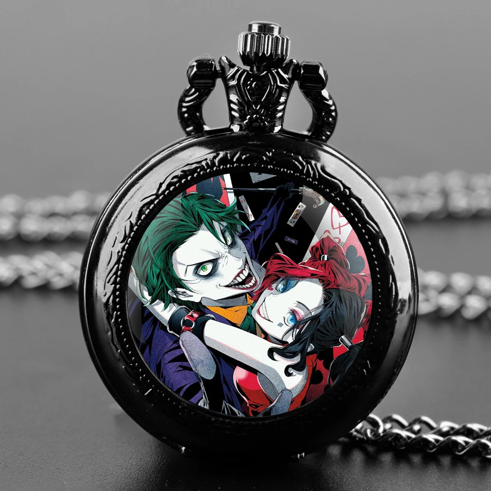 Anime Joker Couple Design Glass Dome Quartz Pocket Watch with Durable Chain Arabic Numeral Dial for Men and Women Creative Gifts