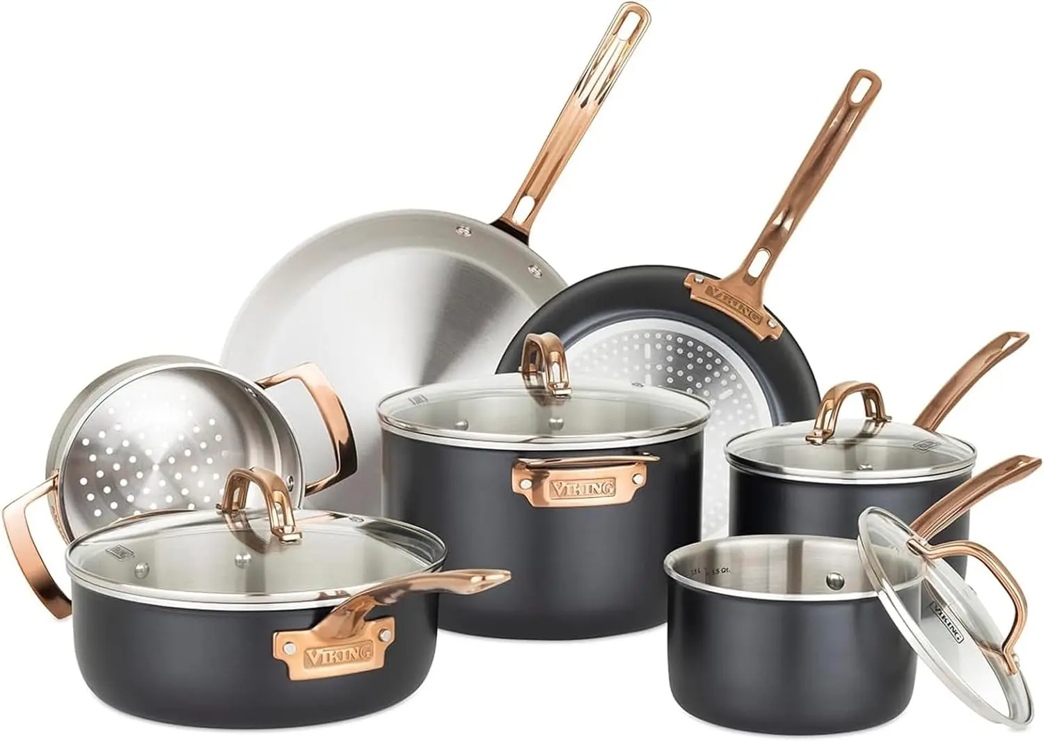 Culinary 3-Ply 11 Piece Cookware Set, Black With Copper With Glass Lids, Works On All Cooktops Including Induction