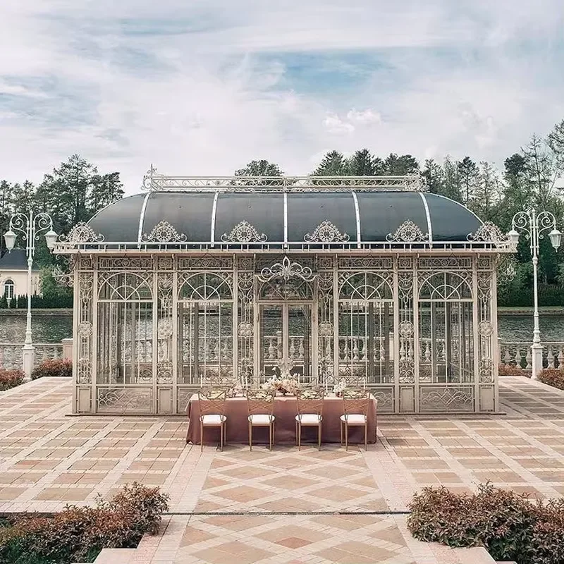 Hand-Forged Wrought Iron Outdoor Gazebo Ornate Victorian Garden Centerpiece with Insulating Glass