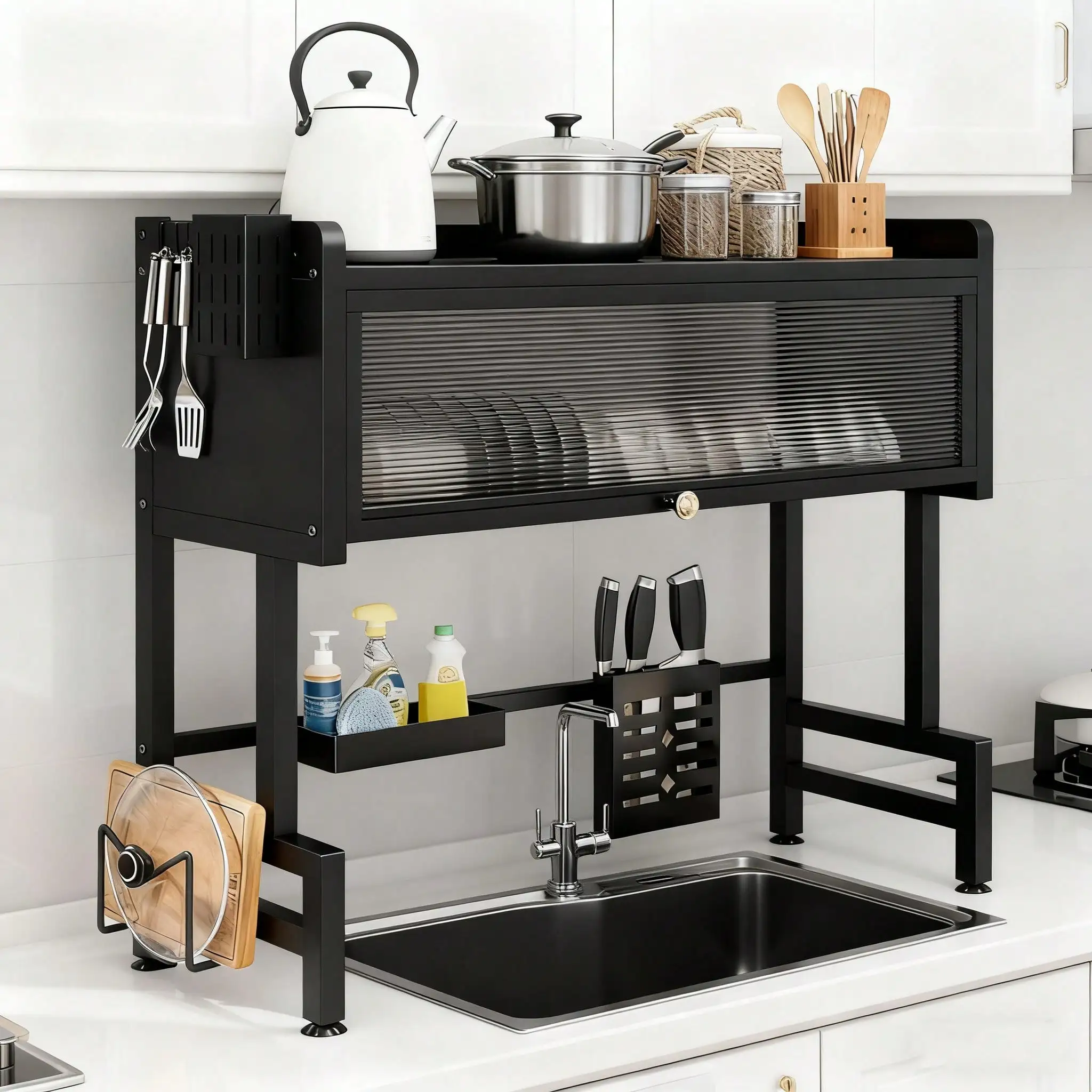 Heavy-Duty Over The Sink Dish Rack - Extra Large 33.5" Kitchen Organizer With Cover, 3-Tier Storage Shelf, Utensil Holder