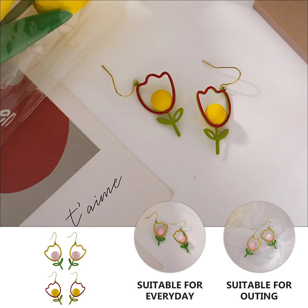 

2Pairs Flowers Ear Hooks Tulip Design Fashion Earrings for Women Lovely Alloy Ear Studs Lightweight Daily Party Jewelry Gift