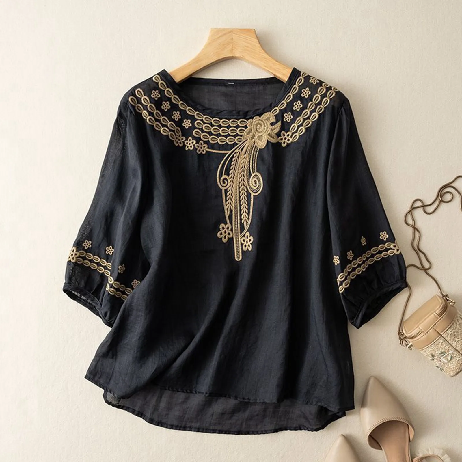 2024 Summer Literary Vintage Embroidery Hollow Out Shirt Ladies Loose Casual Fashion Pullover Top Women Solid Color Blouse Femme