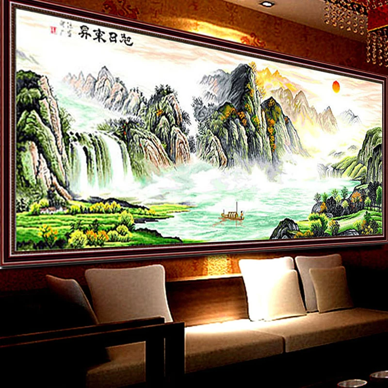 

Handmade Embroidery for Adults, Stamped 11CT, Cross Stitch Kits, Chinese famous Forest Waterfall and Sun Landscape Painting