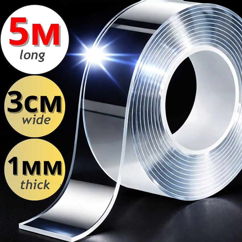 Double sided tape, transparent reusable waterproof tape, heat-resistant nano tape for bathroom and home decoration 3cmx3/5M 2pcs