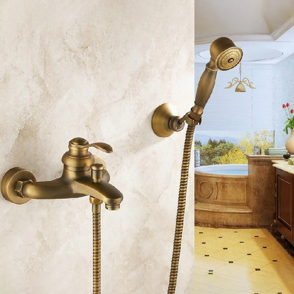 

Antique Brass Wall Mounted Bathroom Single Handle Bathtub Faucet Mixer Water Tap Hand Held Shower set atf028