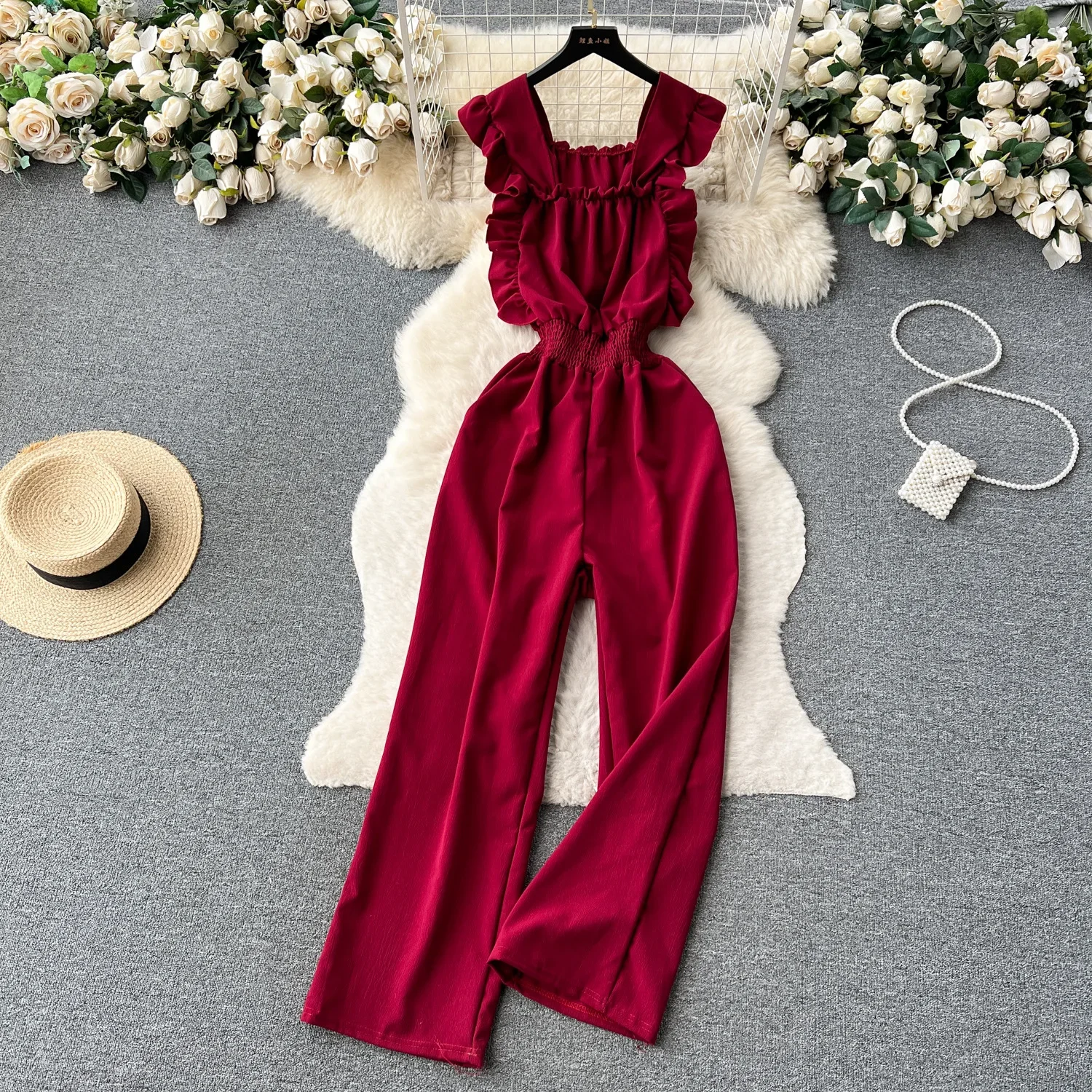 Jumpsuits Women One Piece High Waist Sexy Sleeveless Overalls Ruffles High Waist Wide Leg Long Pants Rompers Y2k Streetwear