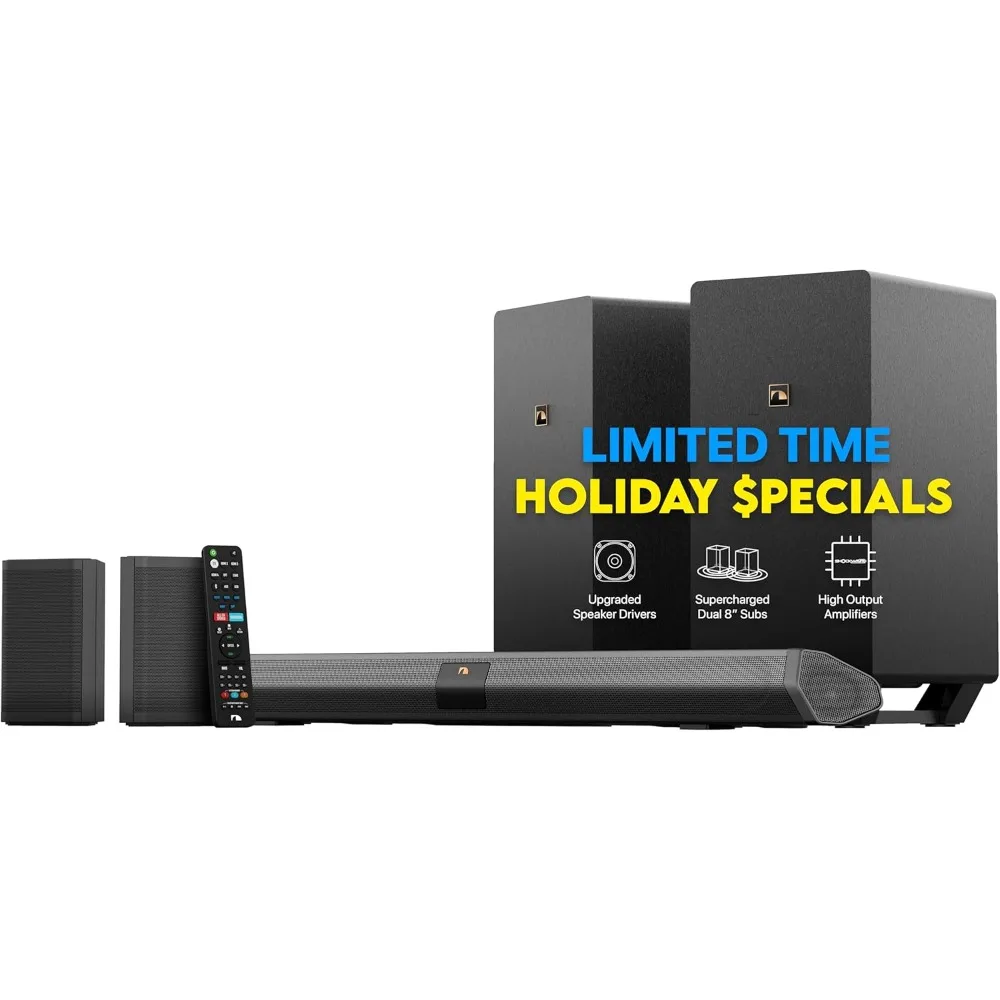 Bluetooth 7.2.4 Channel Dolby Atmos/DTS:X Soundbar with Dual 8” Subwoofers (Wireless), 2 Rear Surround Speakers