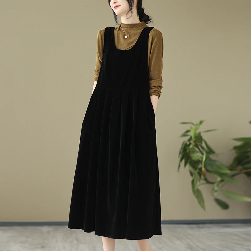 Retro Hong Kong Sle Werkkleding Corduroy Dr Dames plus maat losse knoop lange rok Faionable Spring Dr