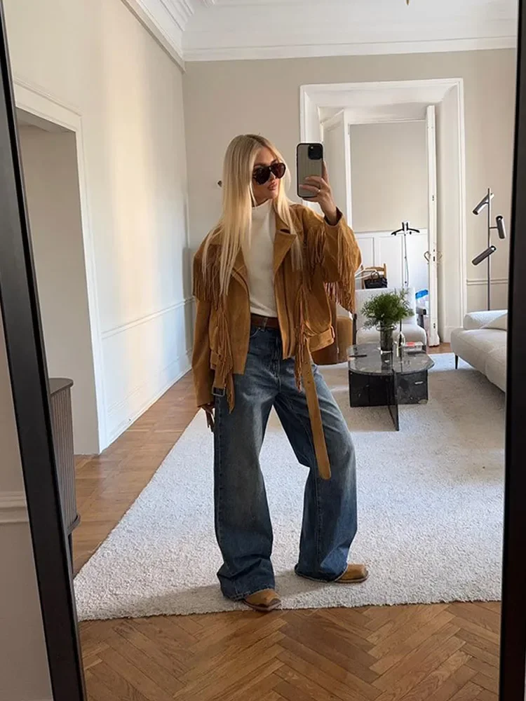 

Elegant Solid Zipper Tassel Lapel Jackets Women's Fashion High Waist Long Sleeve Short Coats 2025 Female Street Outerwear New