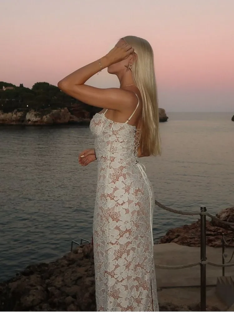 knee length dresses for ladies For Love and Lemons Creamsicle Lace Slip Dress – TrenLend main image 1
