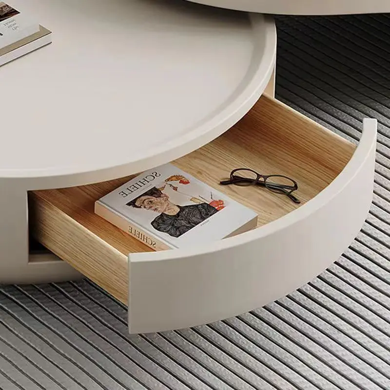 Cream solid wood coffee table E1 grade eco-friendly | retractable storage | premium round desktop | TV