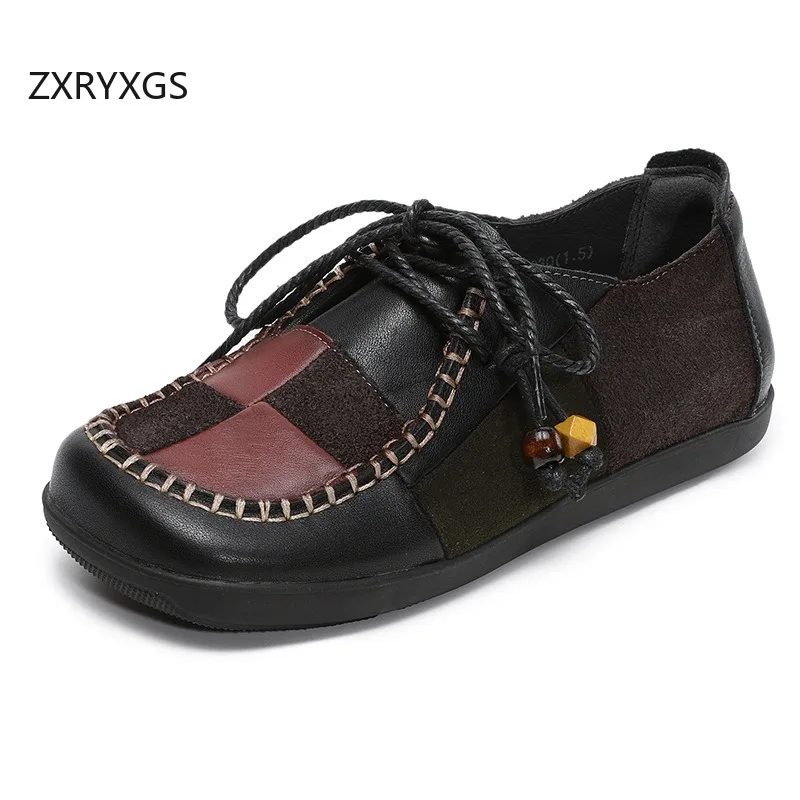 ZXRYXGS Mixed Color Top Cowhide Full Real Leather Shoes Flat Shoes 2026 Autumn Lace-up Fashion Casual Sneaker Women Trendy Flats