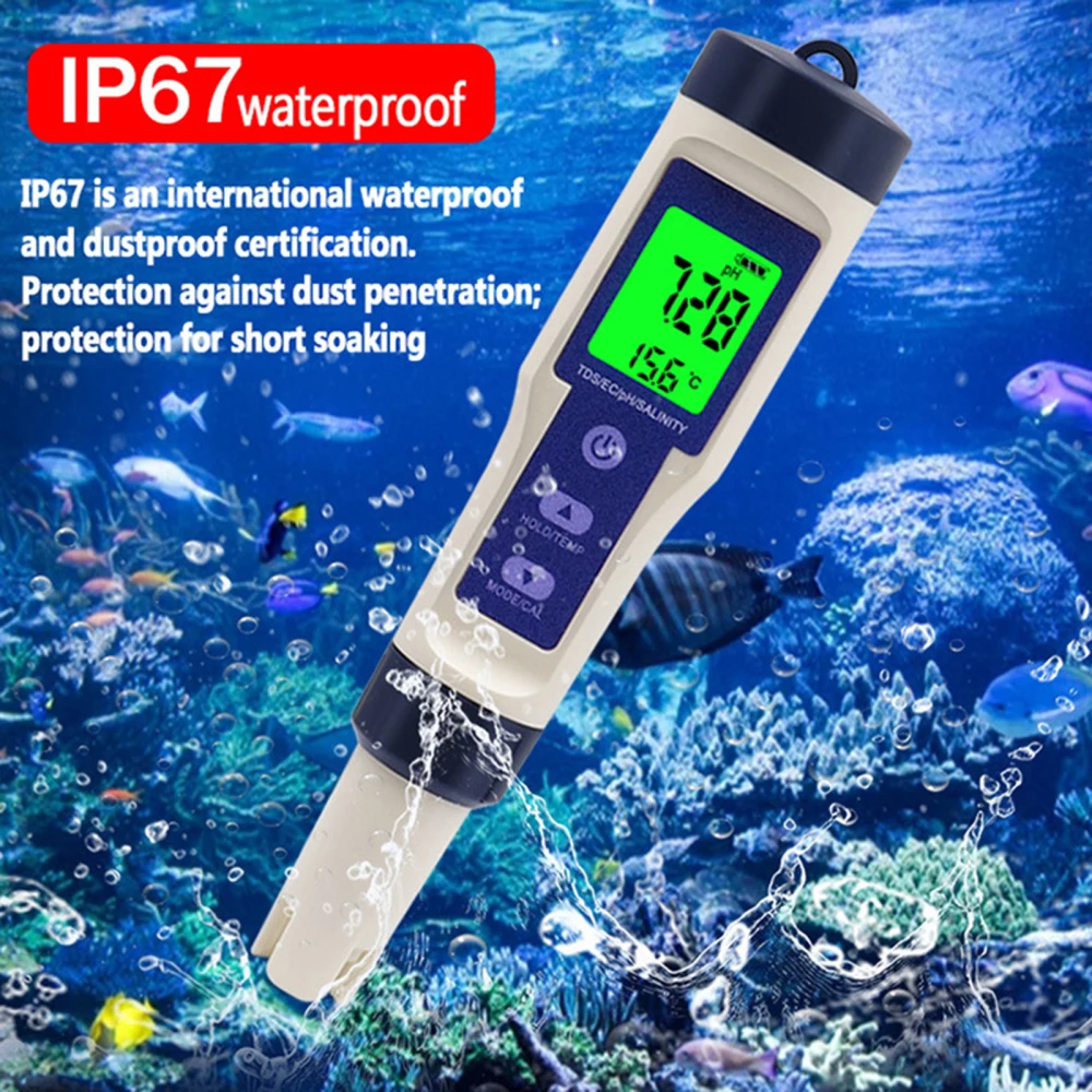 

Multiple Functions Water Tester Seawater Detector Waterproof ABS EC/PH/TDS/SALT/TEMP 5 In 1 High Accuracy Salinity Meter