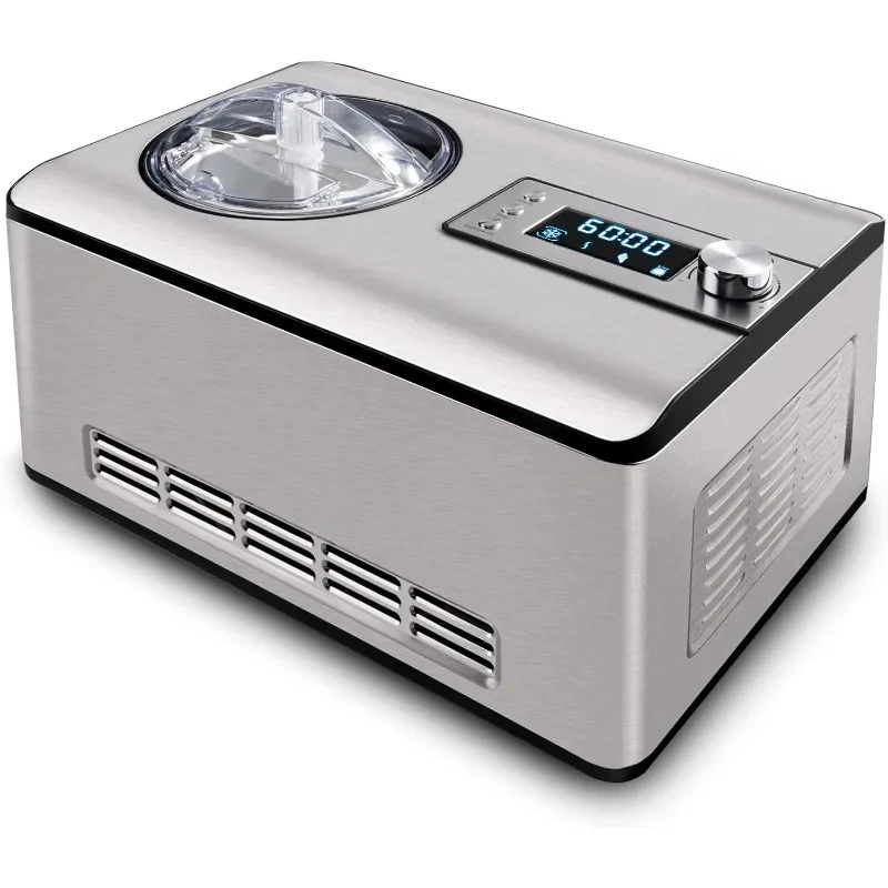 Ice Cream Maker with Compressor, No Pre-Freezing, Stainless Steel Ice Cream Maker Machine with LCD Display, Timer