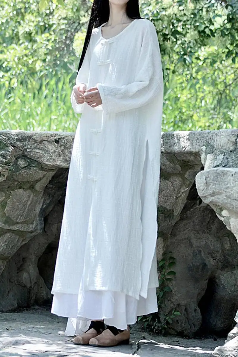 Damski płaszcz z bawełny i konopi UMI MAO, jesienny, w stylu retro, chińskim, sukienka, długi artystyczny kardigan zapinany na guziki, styl Y2K.