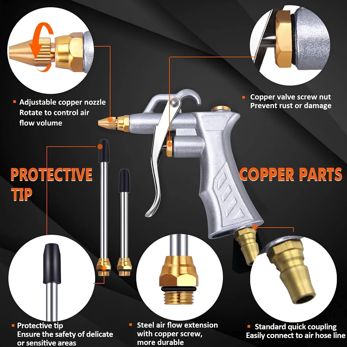 Industrial Blower Gun with Brass Adjustable Air Flow Nozzle & 2 Steel Extension Rods, Pneumatic Air Compressor Accessories Tool