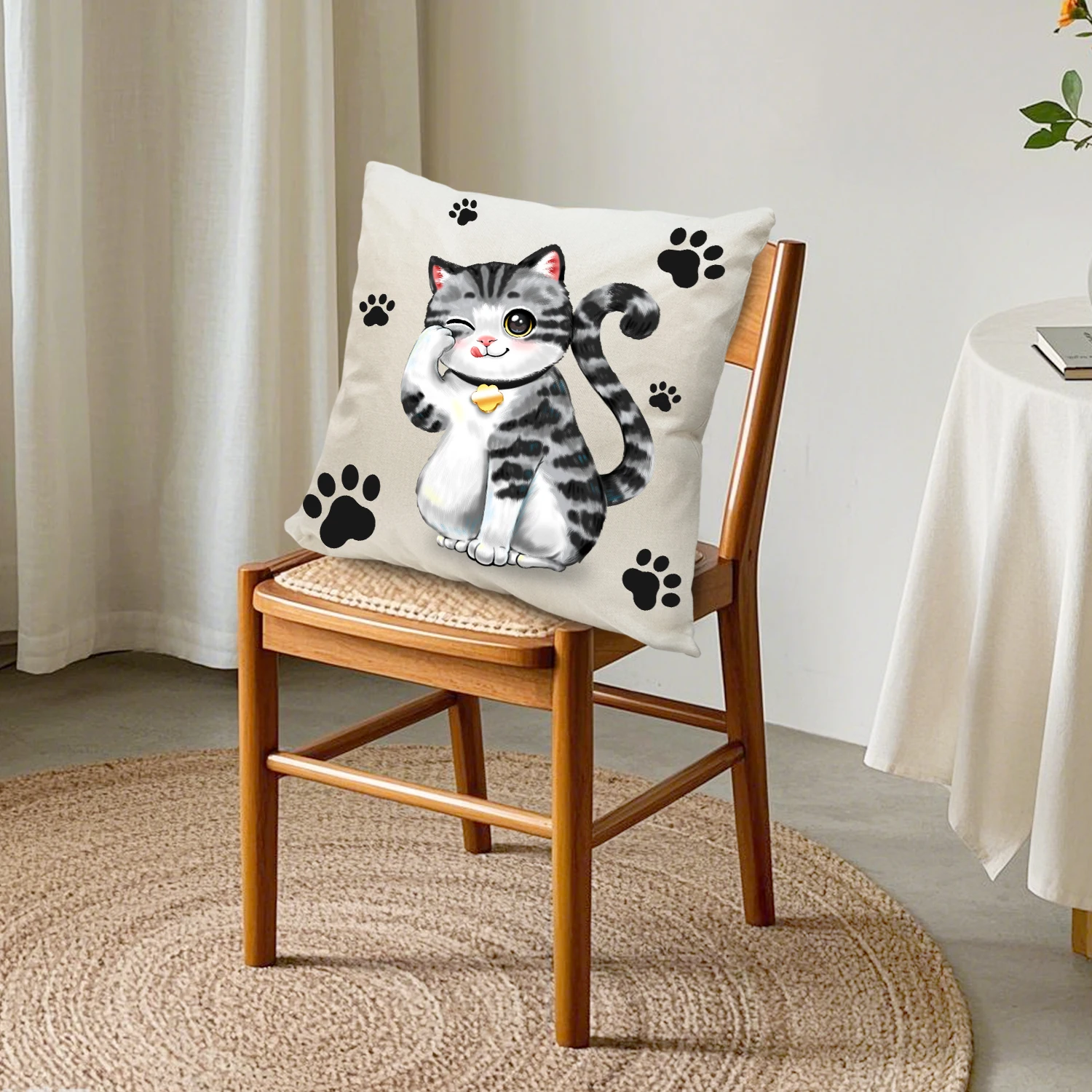 Cute Tabby Cat Cushion Covers Cartoon Kitten Paw Print Linen Throw Pillow Case Whimsical Home Decor Sofa Bedroom Pet Lover Gifts