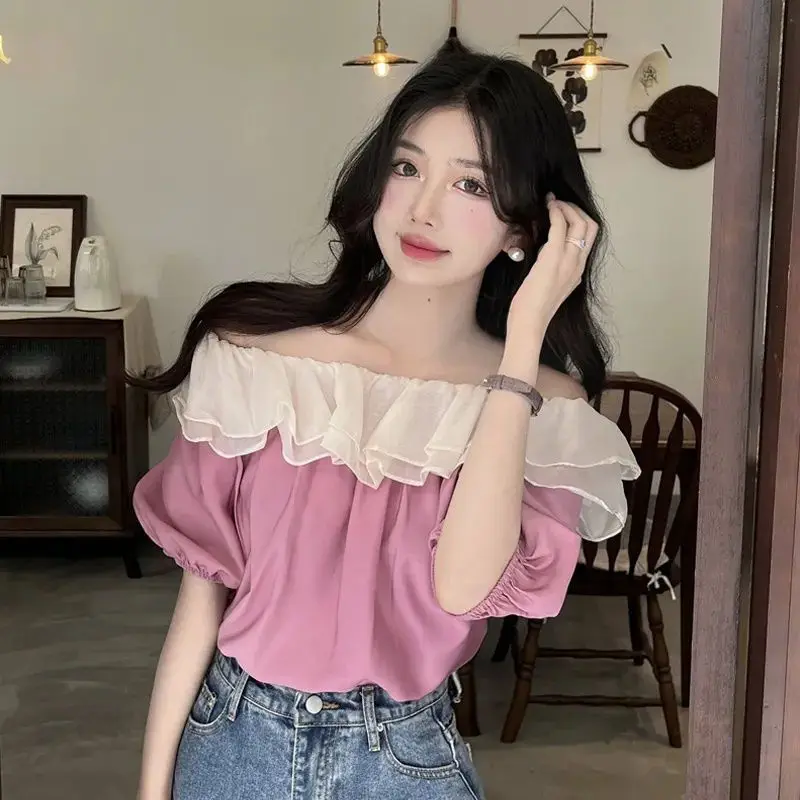 Sweet Off Shoulder Ruffles Patchwork Blouse Summer Short Sleeve Solid Loose Contrast Shirts Temperament Elegant Women Clothing