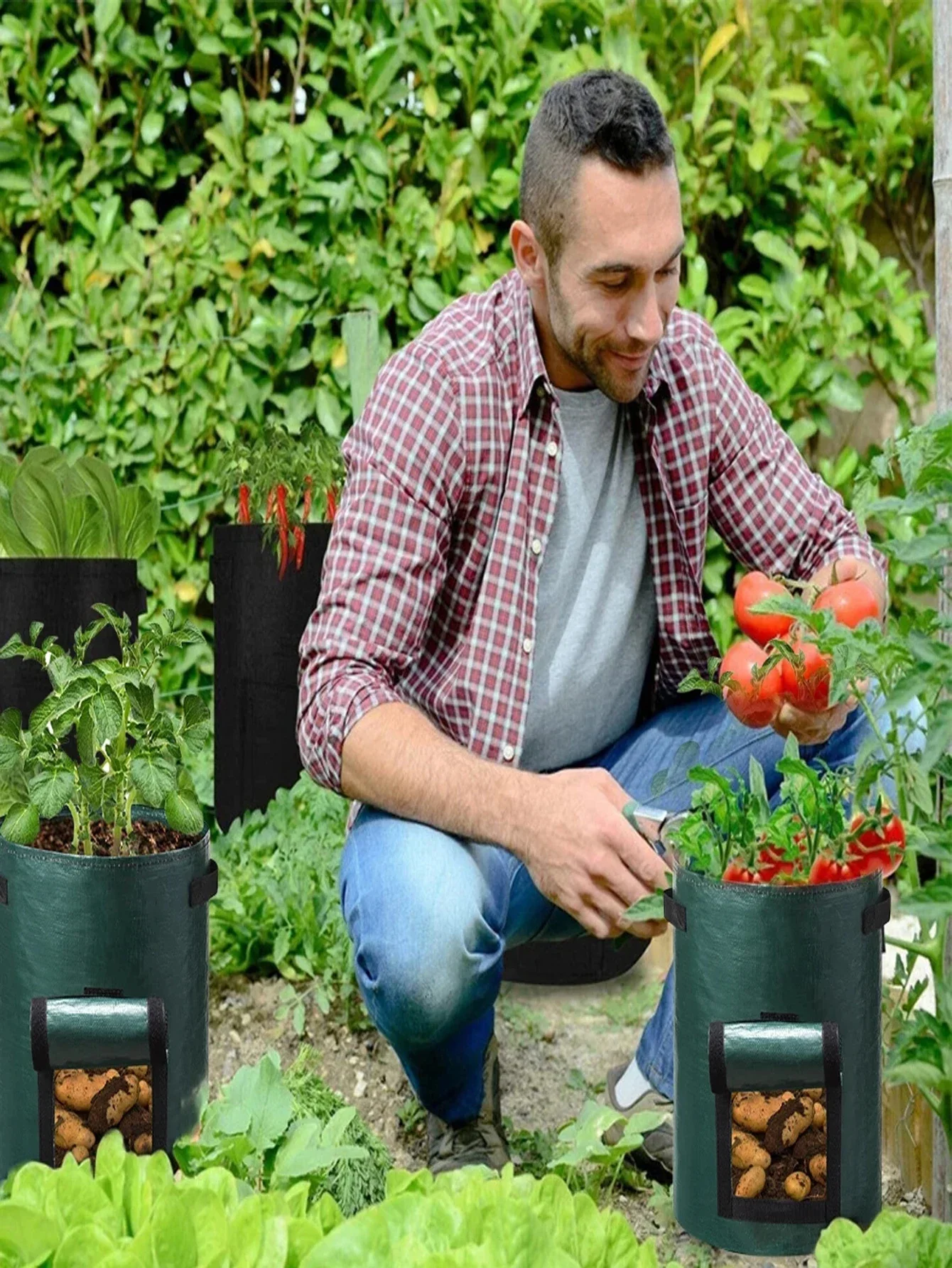 Immagine 3: Set di 5 Sacchi per Coltivazione di Piante e Verdure, Contenitori per Piantare, Vasi da Giardino Rinforzati, Sacchi per Coltivazione Patate Fai-da-Te in Tessuto PE