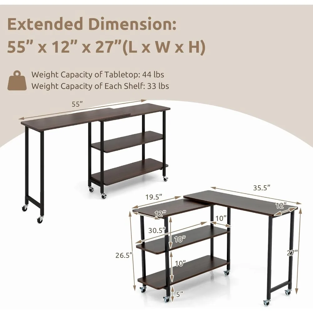 360° Rotating Sofa Side Table, Patented Mobile End Table with 2-Tier Storage Shelves,Swivel Rolling Desk with 6 Lockable Casters