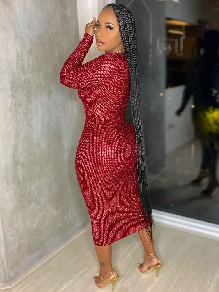 GUWU البرنز كم طويل التفاف العميق الخامس الرقبة Bodycon ميدي فستان المرأة Vestidos مثير نحيل ليلة حفلة موسيقية فساتين كلوبوير