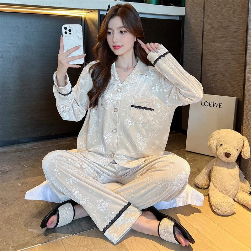 Autumn Winter Lapel Cardigan Cute Women Pajama Set  Long Sleeves Trousers Sleep Lounge Satin Silk Soft Sleepwear Home suit