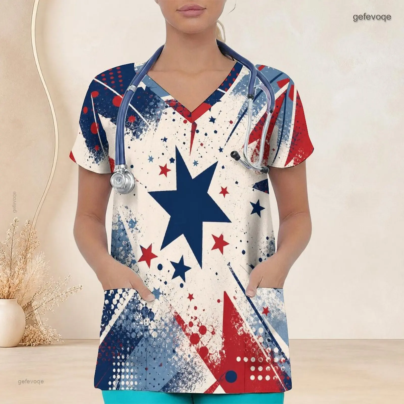 Women Blue Purple Galaxy Nebula Star Print V Neck Short Sleeve Scrub Top with Front Pockets