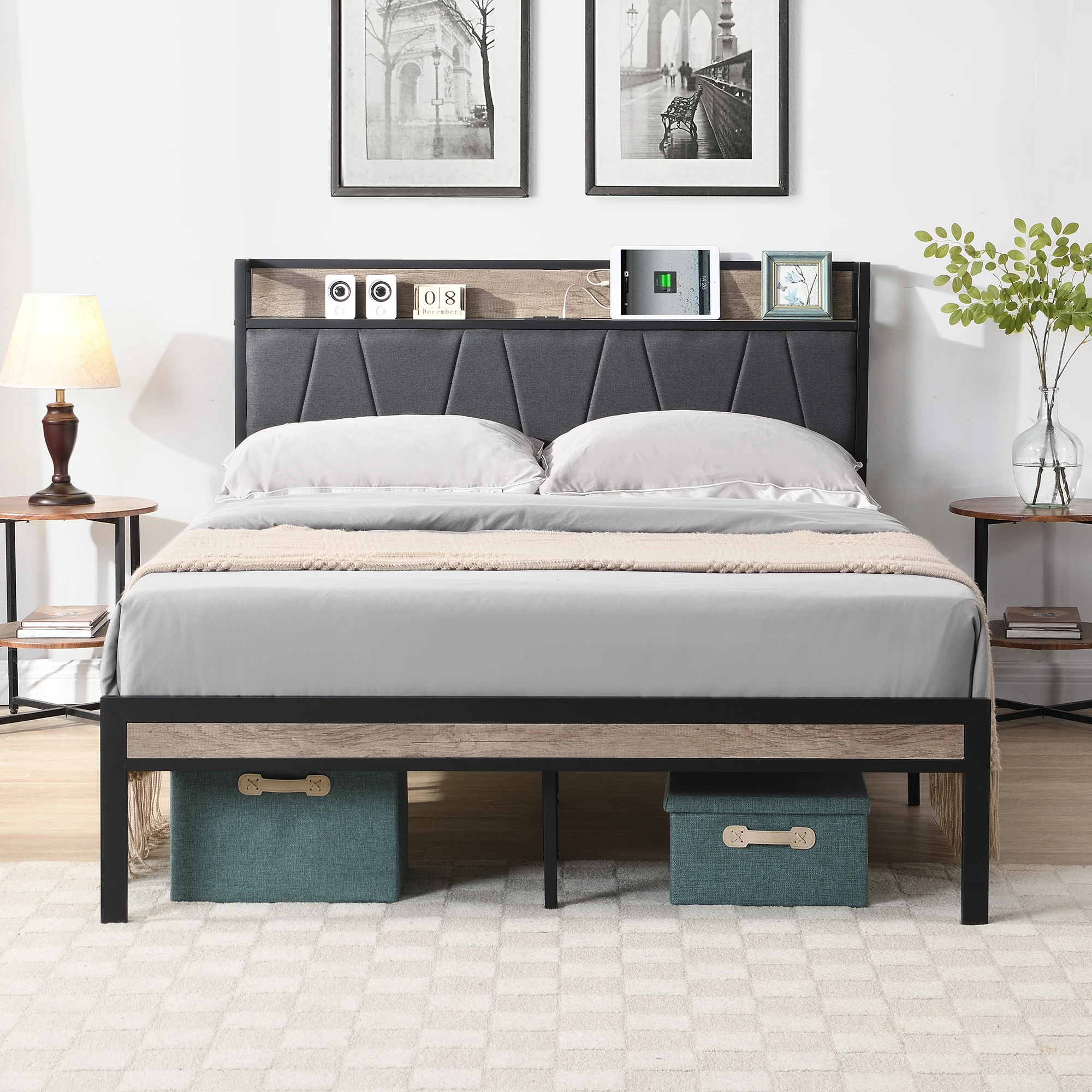 

Queen Size Metal Platform Bed Frame with Upholstered Storage Headboard, USB Ports 86.60x60.20x39.20 in.