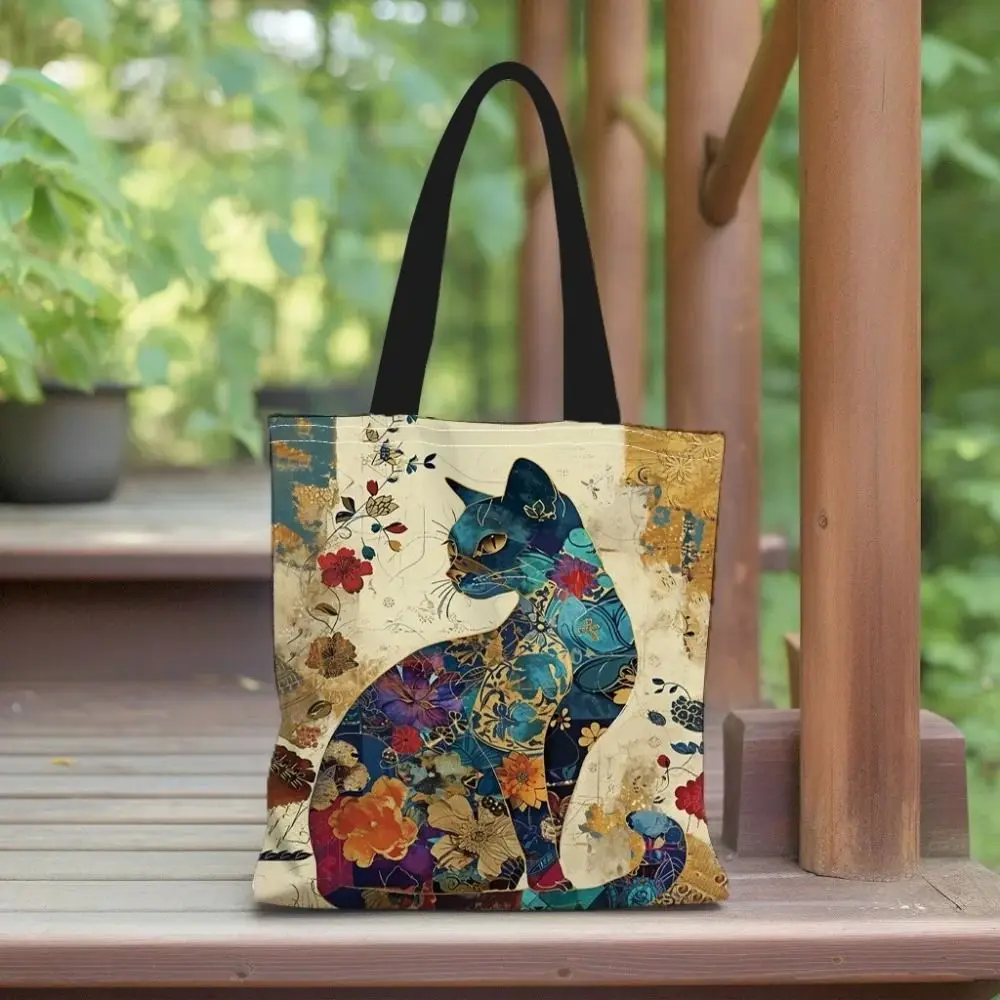 Trendy Floral Cat Pattern Tote Bag Aesthetic Canvas Lightweight School Shoulder Bag Gift Portable Grocery Shopping Bag