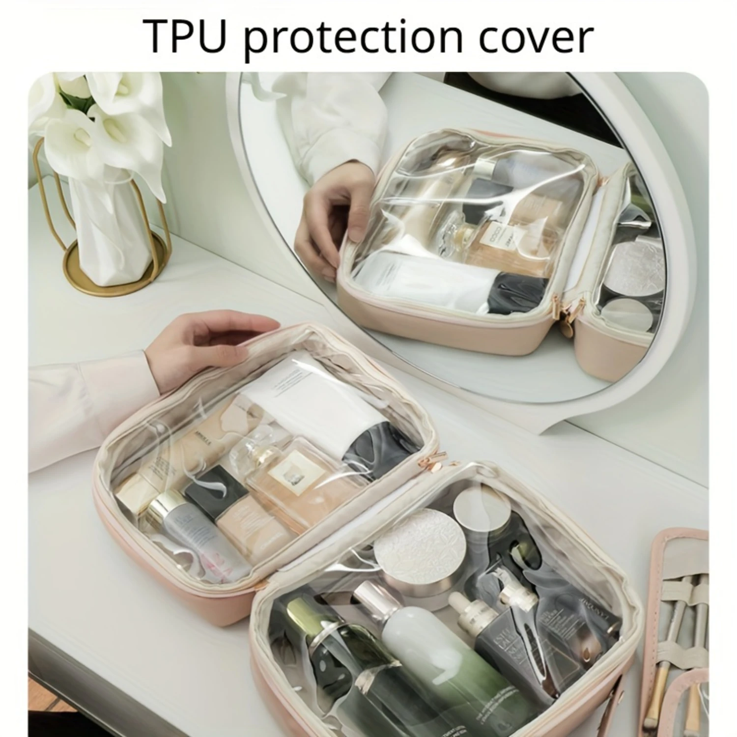 Capacity Cosmetic Bag, Portable & Durable Makeup Organizer With TPU Protection Cover, Stylish Hand-Held Toiletry  Bag, Elegant T