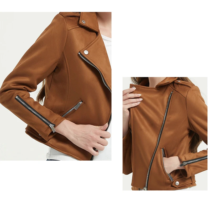 

Осень Зима ort Long Sve Suede Jaet Искусственная кожа оленя Высокая талия Тонкая молния Байкерский джет Модный топ Street Sle Polye...