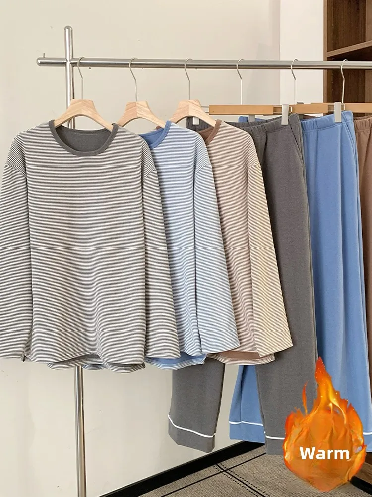 

Thiened Long Sve комплект домашней одежды для мужчин, зимняя одежда для отдыха Velboa, полосатые пижамы из двух предметов, удобные пижамы большого размера