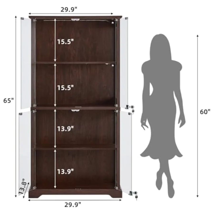 Farmhouse Glass Display Cabinet with Lock for living room, tempered glass and wood, white, secure locking mechanism